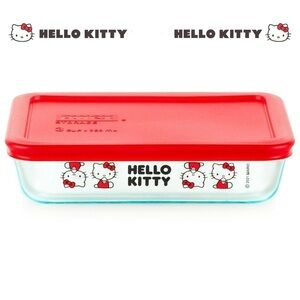 𝅺PYREX Hello Kitty Red Glass 3 Cup Storage Dish w Lid